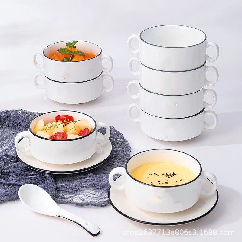 Ceramic Binaural Cup Set Western Soup Bowl Baking Dessert Bowl Hotel Restaurant Soup Bowl Bird's Nest Steamed Egg Bowl Breakfast Bowl