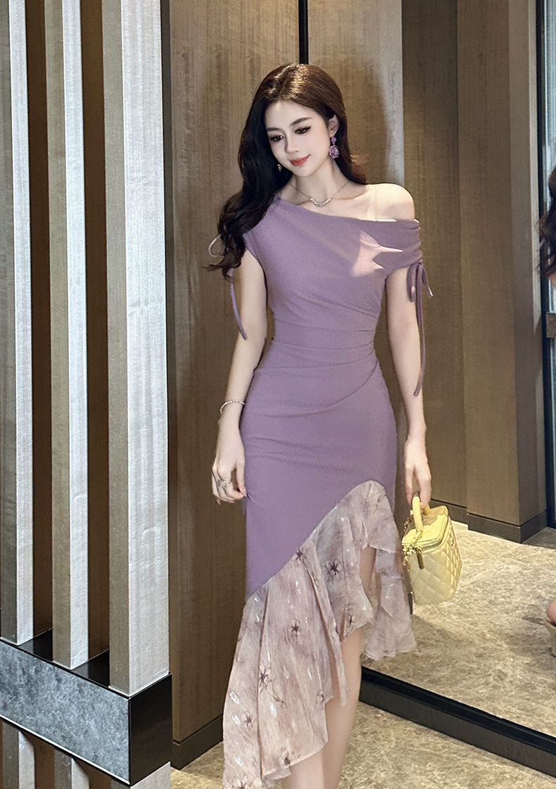 Đầm ôm body nữ dáng đuôi cá tay ngắn cổ yếm họa tiết hoa nhí — [Tím] chi tiết 9