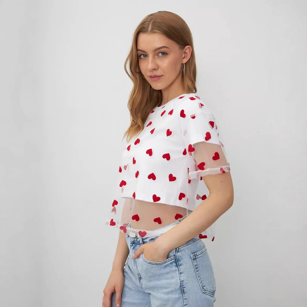 Color Block Heart Mesh Panel T Shirt for Women Short Sleeve Y2K Style Cotton Fabric Summer Casual Wear Wholesale