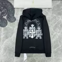 23Ss Correct Version of Chrome Heart Cropped Ink Sanskrit Embroidered Hooded Sweatshirt