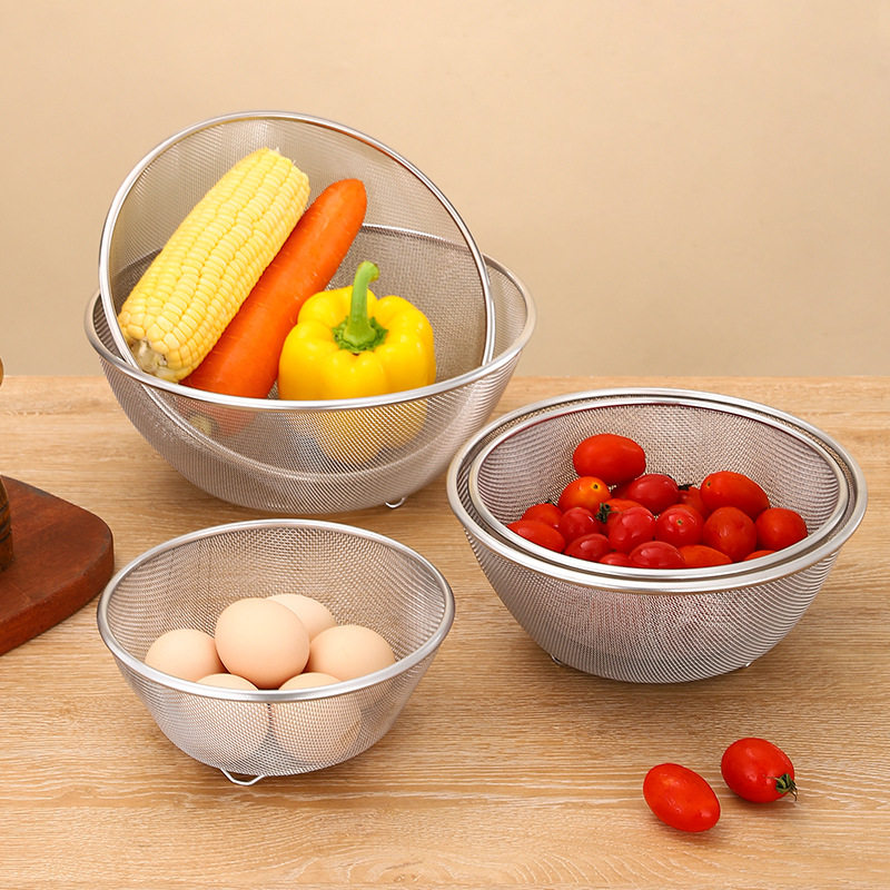304 Stainless Steel Drain Basket Thickeneded Dense Hole Rice Washing Sieve Washing Fruit and Vegetable Basket Multi-Purpose Rice Washing Basin Kitchen Household