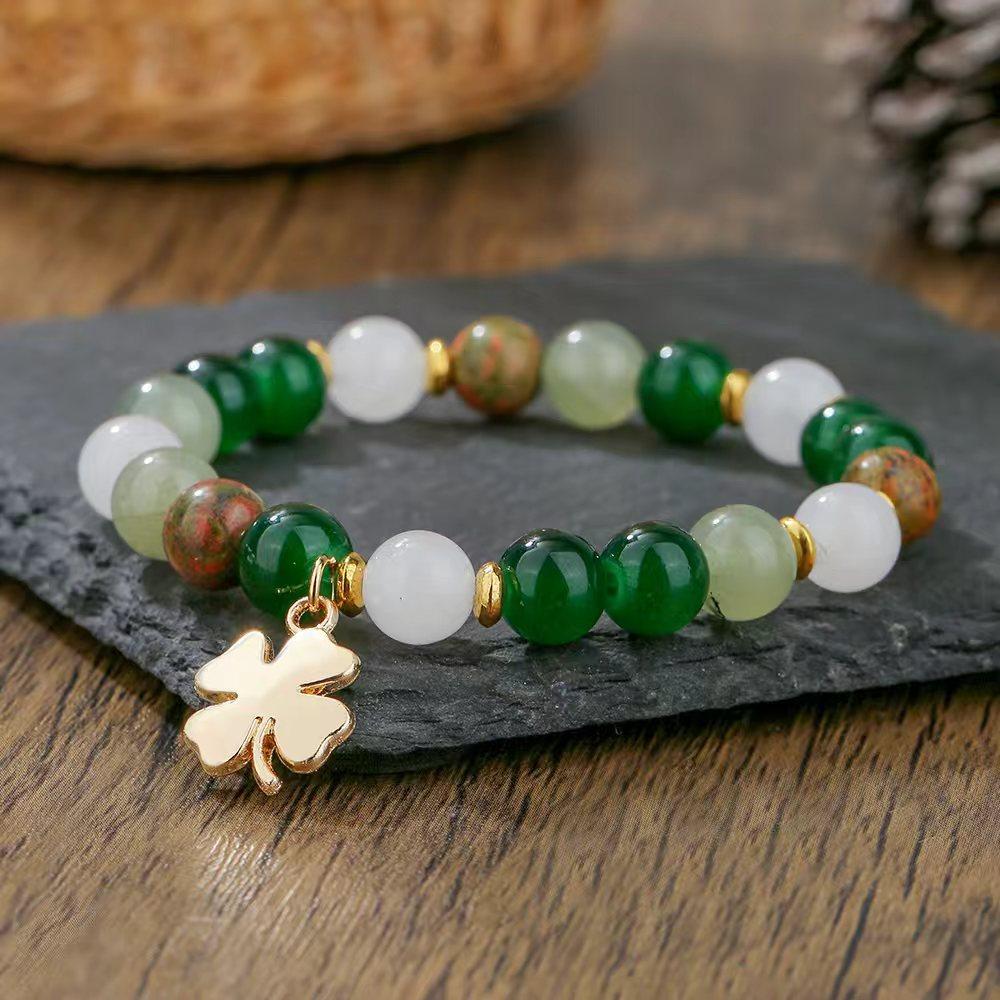 Cross-Border New Product European and American Retro Style Four-Leaf Clover Single Beaded Bracelet Handmade Beaded 8mm Natural Stone Bracelet for Women