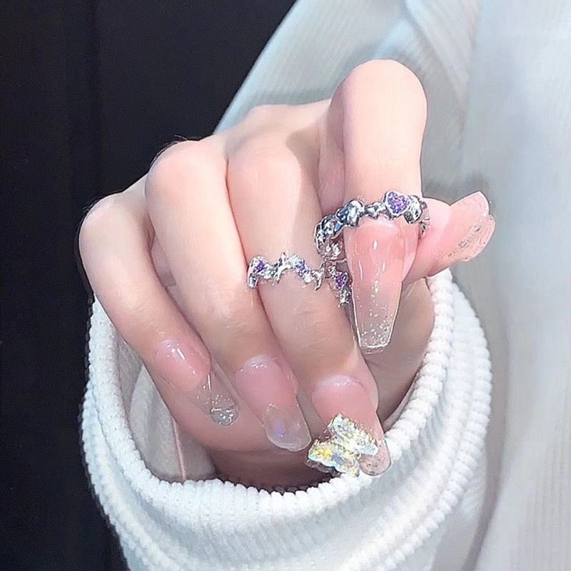 Dream Starry Sky Purple Diamond Love Ring Women's Niche Ins Trendy Light Luxury Four Mans Star Index Finger Ring Sweet Cool Foods Ring