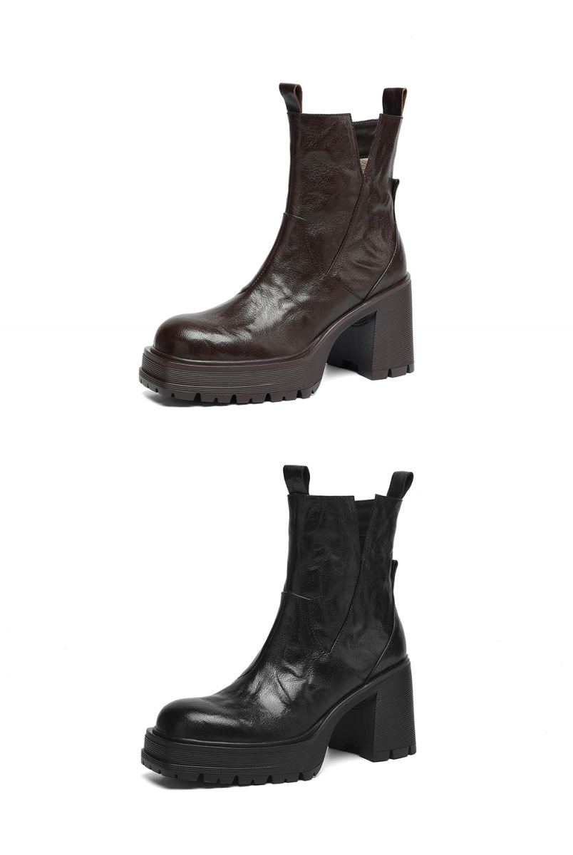 Boot Chelsea nữ gót cao đế dày mũi vuông lót lông cổ V — Lớp lót đơn màu đen, Lớp lót đơn màu nâu