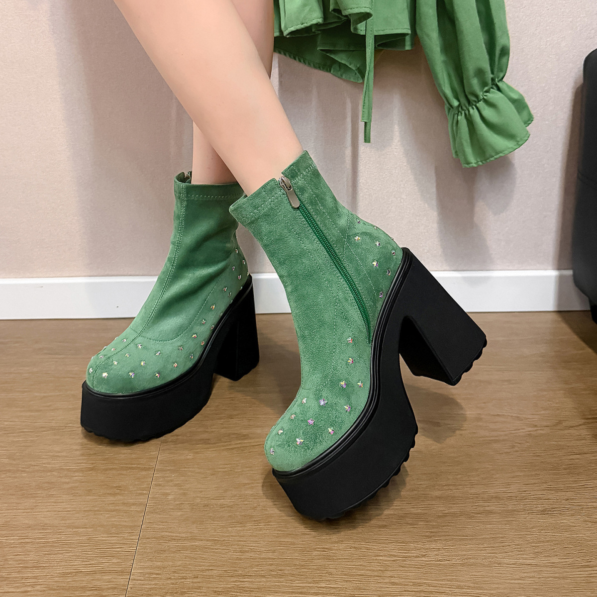 Boot nữ cổ ngắn đế dày khóa kéo bên hông, gót thô tăng chiều cao — Lớp lót đơn màu đen, Lớp lót đơn màu xanh lá, Lót nhung đen, Lót nhung xanh lá