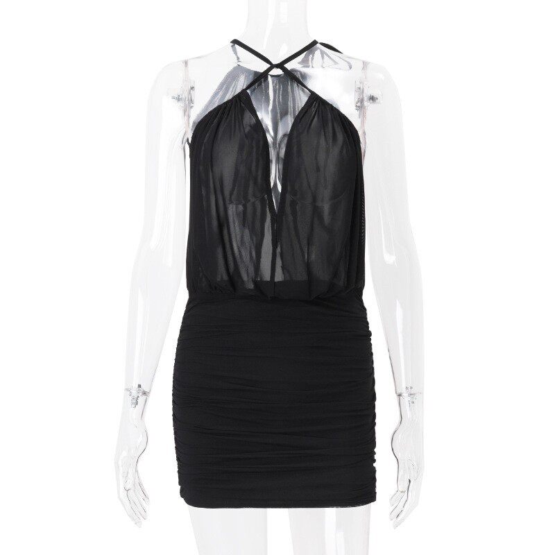 Spring Womens Dress Fashionable Sexy Halter Neck Sheer Mesh Bodycon Ruched Design Evening Wear Wholesale