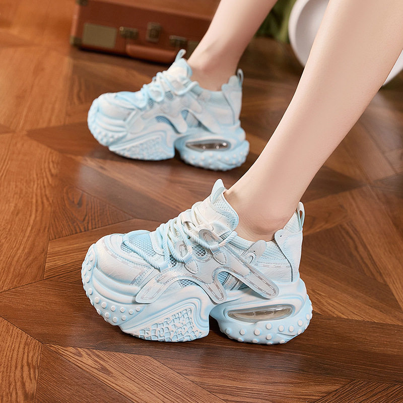 Giày sneaker nữ đế dày chunky lưới thoáng khí tăng chiều cao — Xanh dương, Trắng, Xám bạc, Xanh neon