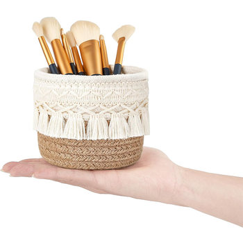 Amazon Hot Selling Tassle Desktop Storage Basket Cosmetic Cosmetic Brush Storage Box Round Woven Storage Basket
