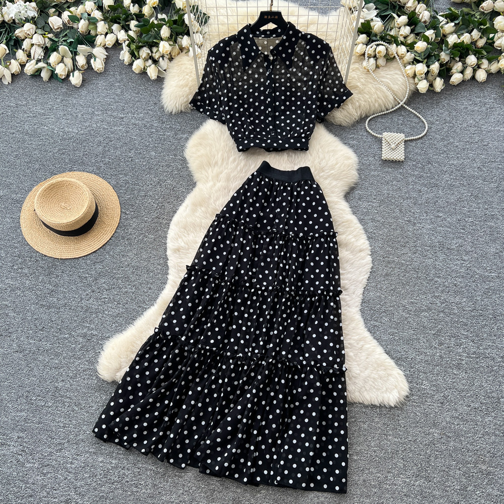 French Style Red Polka Dot Two Piece Set High Waist Slim Fit Elegant Design Spring and Autumn Office Wear Wholesale
