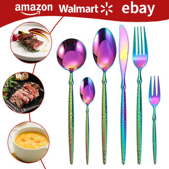 Cross-border hammer pattern pointed handle 304 Western tableware steak knife, fork and spoon suit hotel restaurant high-end knife, fork and spoon Amazon