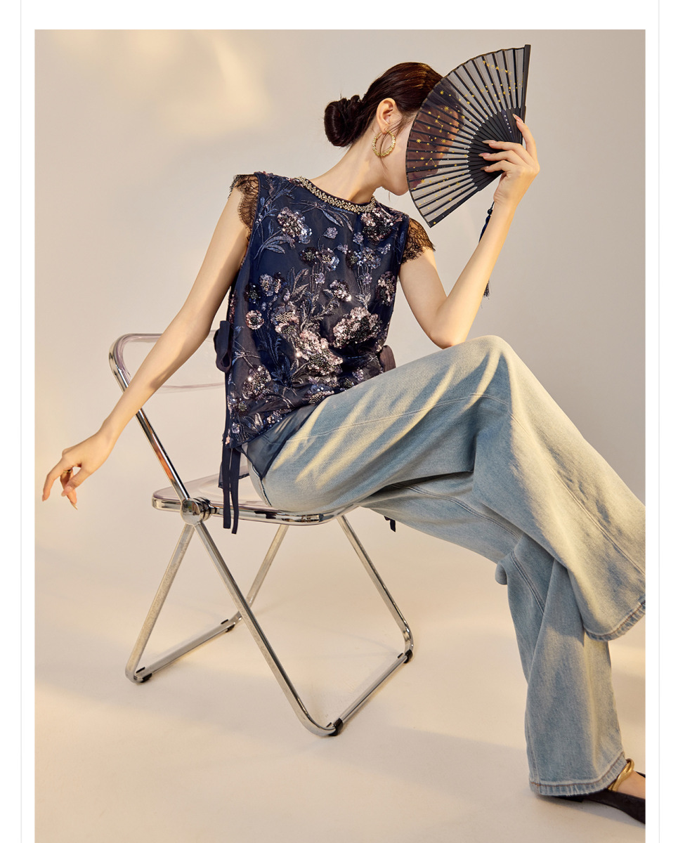 Áo vest nữ thêu cườm đính đá cổ tròn phối hoa văn — Jiyue Blue (giao hàng trong 7 ngày), Jiyue Blue (phát hành cùng ngày)