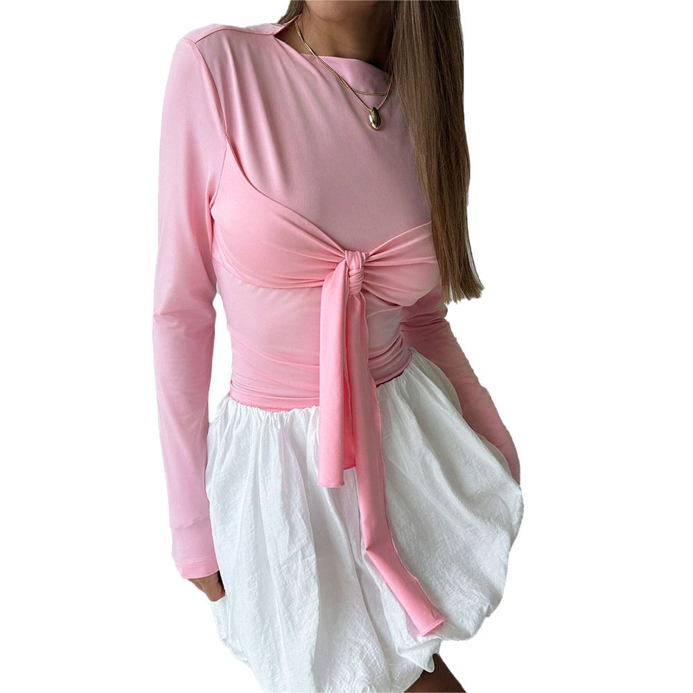 Womens Sweet and Sexy Knot Front T Shirt Slim Fit Long Sleeve Spring Summer Pink Top Wholesale Available
