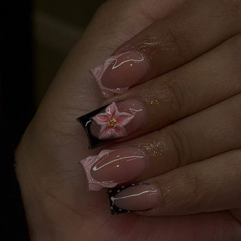 Cross-Border Hot-Selling Manicure European Square European and American Sweet Cool Pink French 3D Flower Carved Dot Diamond Wearable Nails Fake Nails