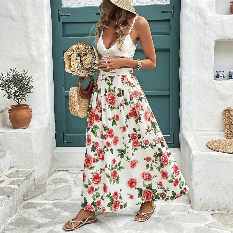 High Waisted Floral Print Skirt Sweet Vacation Style Womens Summer Fashion Wholesale Available