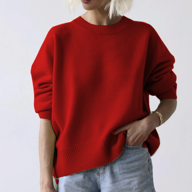 Womens Knit Sweater Round Neck Loose Fit Solid Color Autumn Winter Fashion Wholesale Available