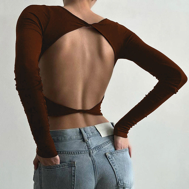 Womens Long Sleeve Crop Top Sexy Backless Design Solid Color Slim Fit Stylish Winter Fashion Wholesale Available