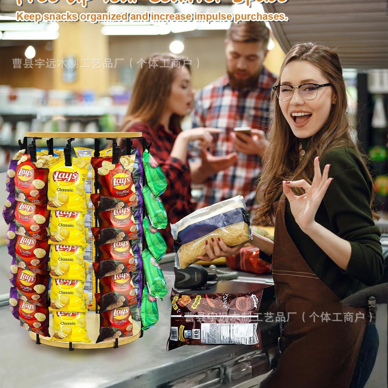 Cross-Border Snack Display Stand, Wooden Supermarket Potato Chip Storage Rack with Blackboard, Rotatable Storage Shelf for Desktop Use