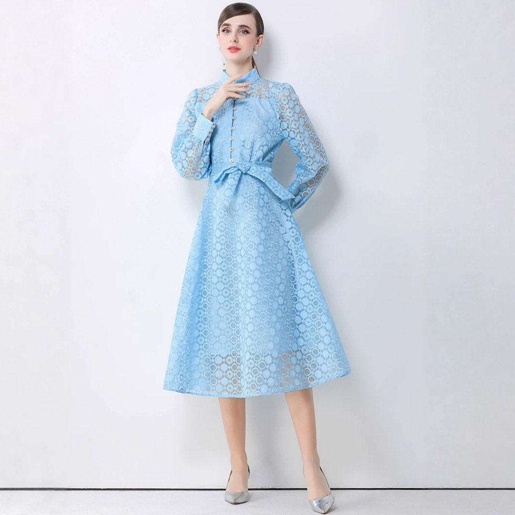 French Vintage Embroidered Mesh Dress High Neck Waist Tie Flared Skirt Elegant Spring and Autumn Wear Wholesale