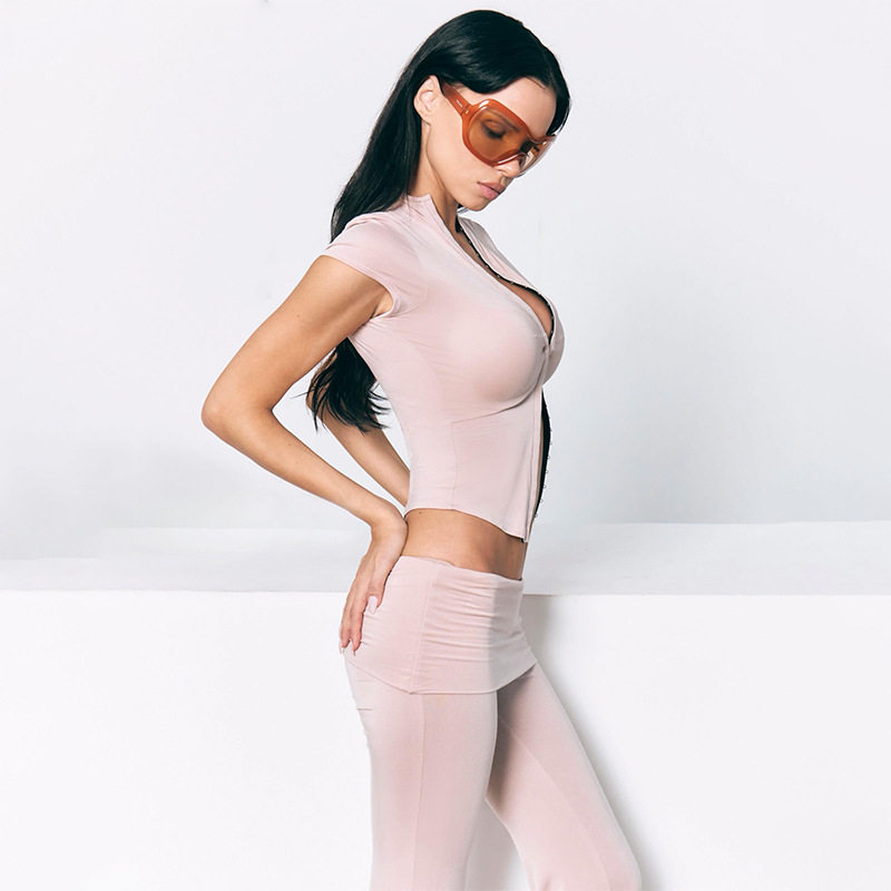 Womens Two Piece Set Cropped Button Up Top Low Waist Flared Pants Casual Fashion for Summer Wholesale Available