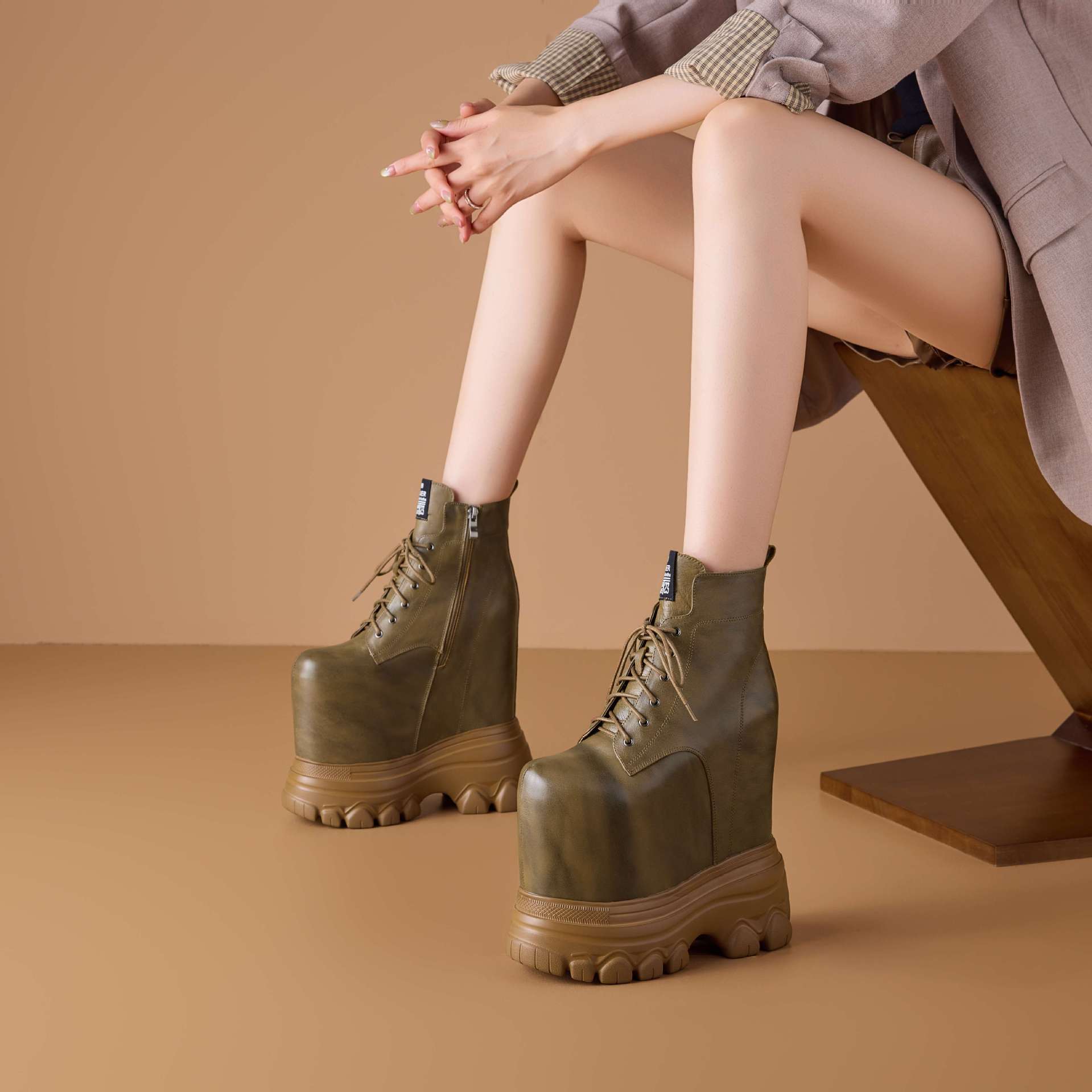 Giày Boot Cổ Thấp Nữ Cao 20cm Tăng Chiều Cao Đế Cao Hàng Mùa Xuân Thu Đông Phục Cổ Cổ Điển