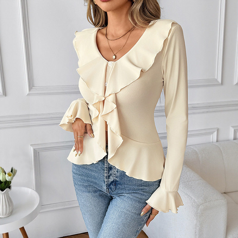 Elegant Womens T Shirt Fitted Bell Sleeves Ruffle Hem Solid Color Spring Fall Fashion Wholesale Available