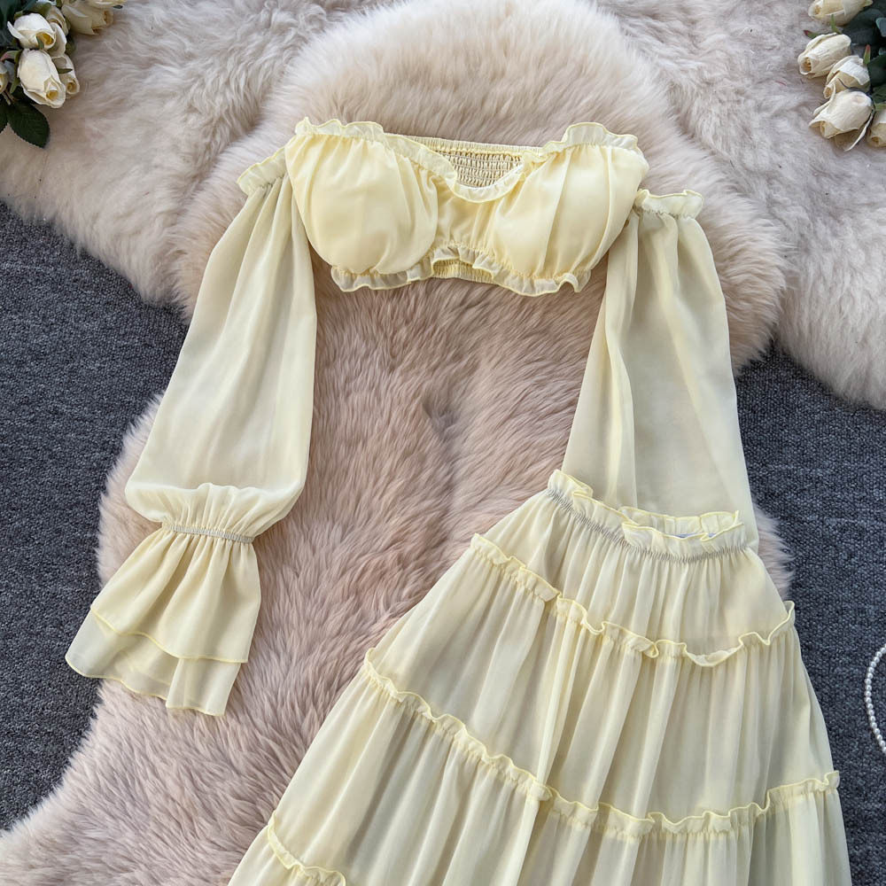 Off Shoulder Crop Top and High Waisted Ruffle Skirt Set Chiffon Fabric Vacation Style Trendy Look Wholesale Available
