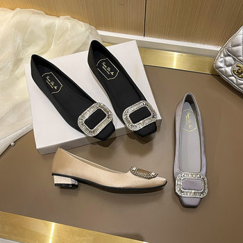 2025 New RV Silk Satin Rhinestone Shallow Mouth Comfortable Ladyshoes Thick Heel Square Head Single Shoes Women's Square Buckle plus size Women's Shoes