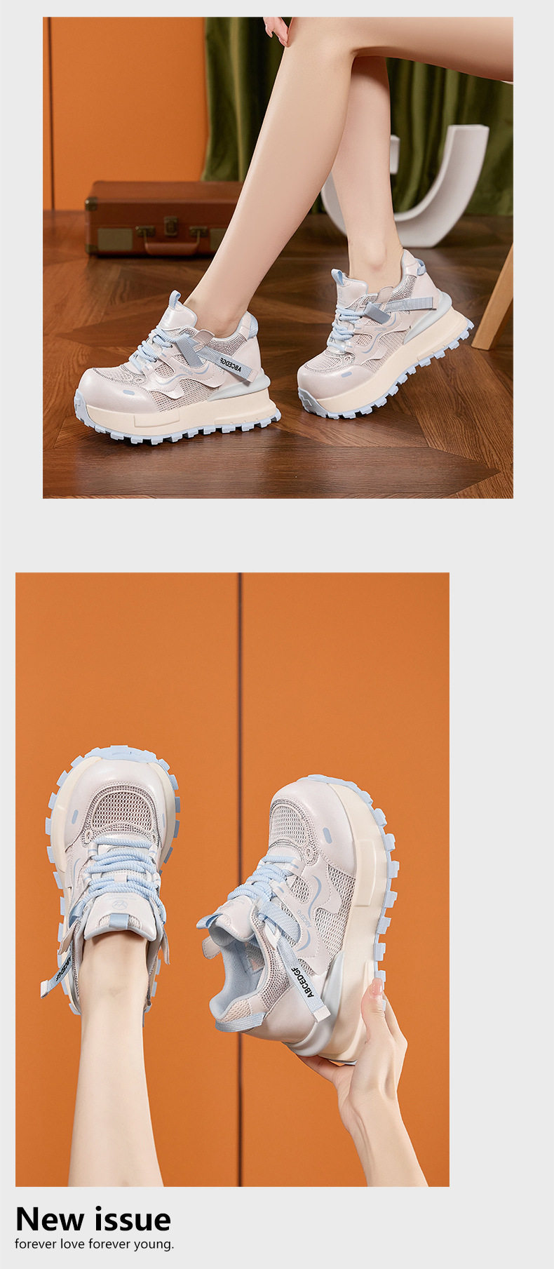Giày sneaker nữ chunky đế dày lưới thoáng khí phong cách Forrest Gump — Xanh dương, Vàng, Trắng chi tiết 13