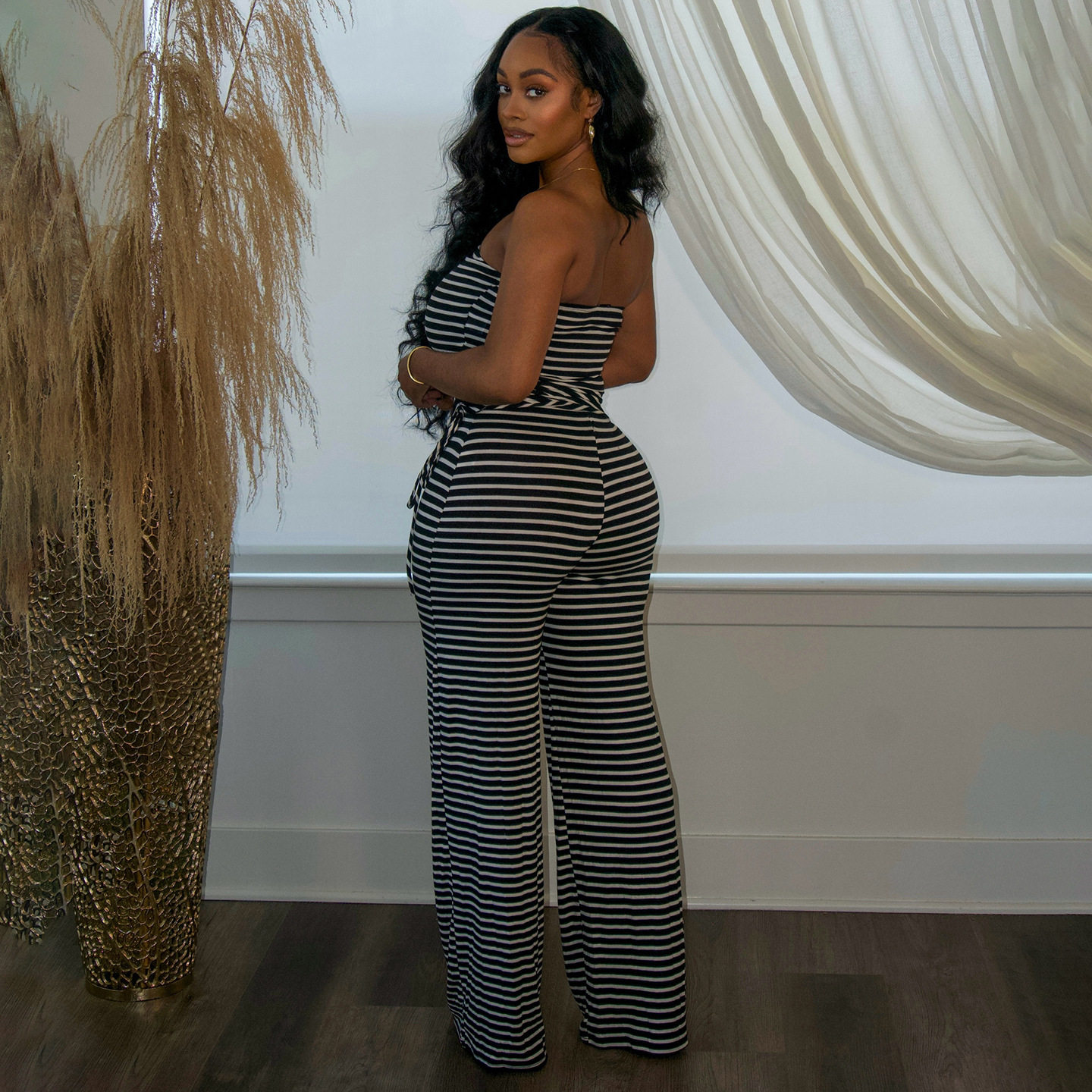 Summer Womens Fashion Vintage Striped Strapless Top and Casual Comfortable Long Pants Set Trendy Style for Everyday Wear