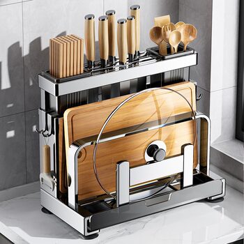 Stainless Steel Kitchen Knife Rack Storage Rack Household Knife Integrated Wall-mounted Storage Rack Countertop Chopping Board Rack Chopsticks Bucket