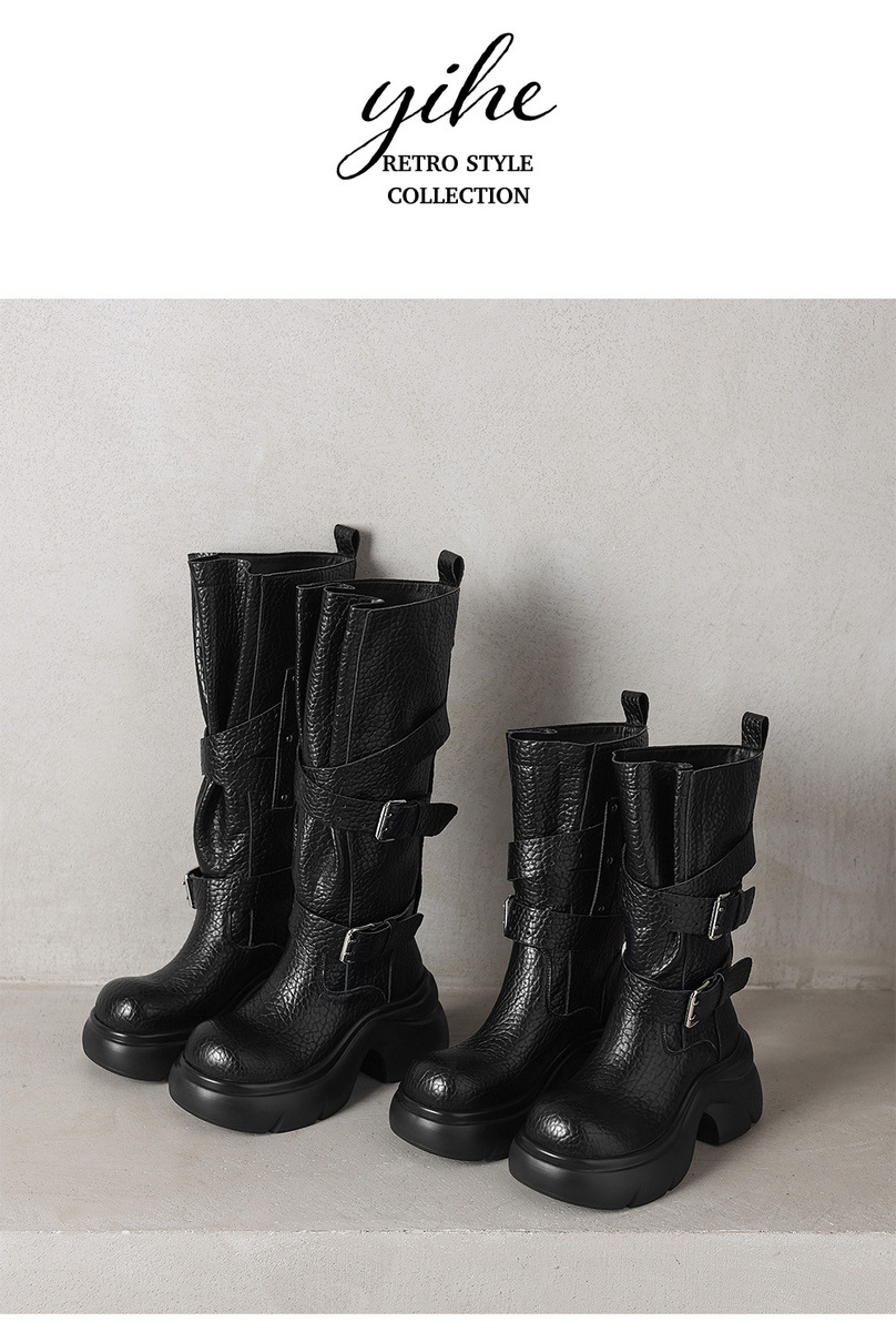 Boot nữ da bò cổ cao gót thô đế dày khóa thắt lưng — Lớp lót lông cừu giữa bắp chân màu đen, Tất đen đến bắp chân, lót một lớp., Lớp lót đơn ống dài màu đen, Lớp lót nhung dài màu đen