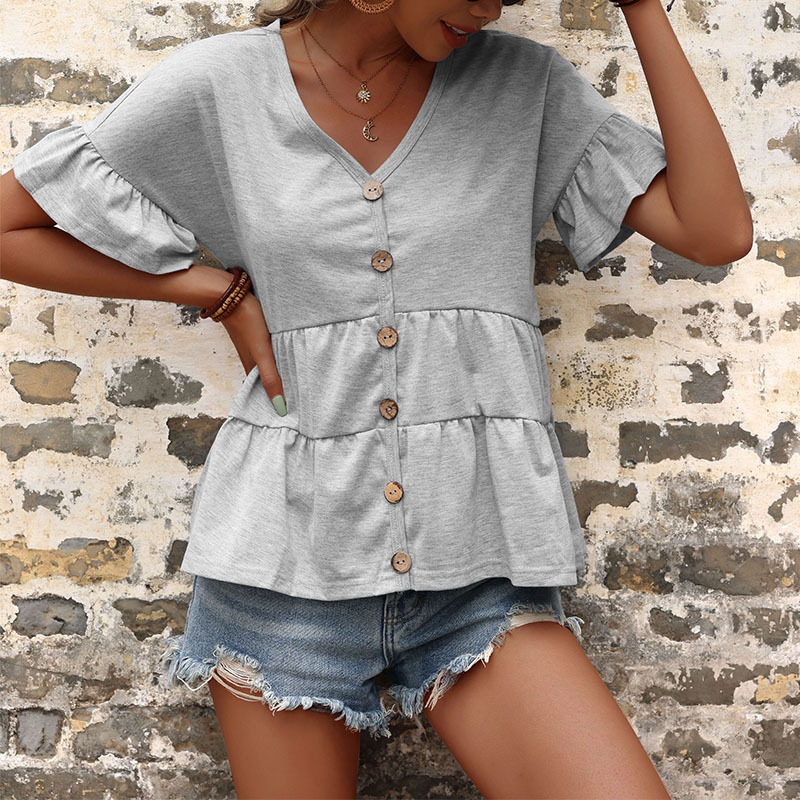 Casual Loose V Neck T Shirt Ruffle Sleeve Solid Color Trendy Style Perfect for Vacation Wear Wholesale Available