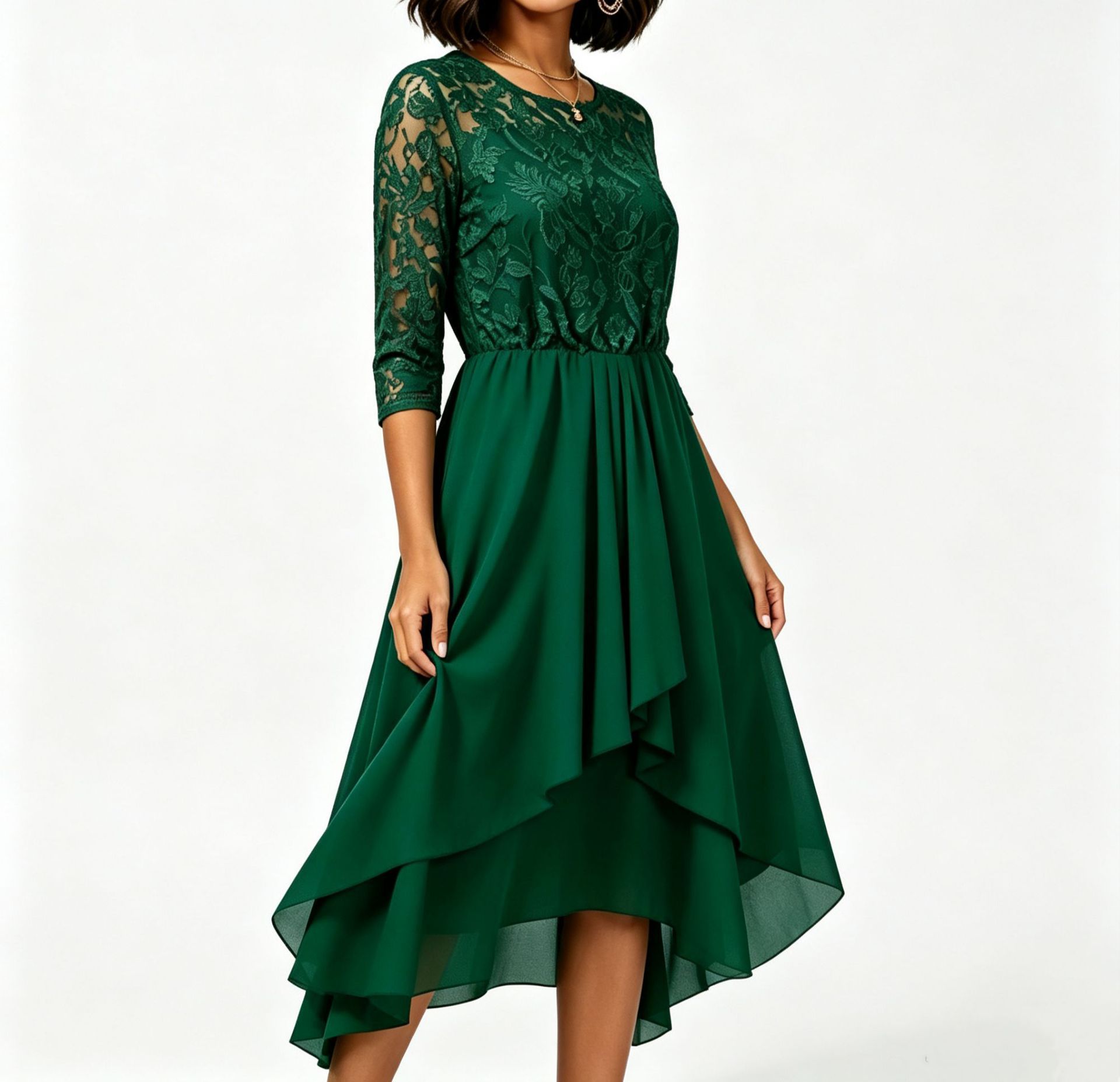 Lace Chiffon Dress Round Neck Irregular Hem Summer Style Perfect for Parties and Events Wholesale Available