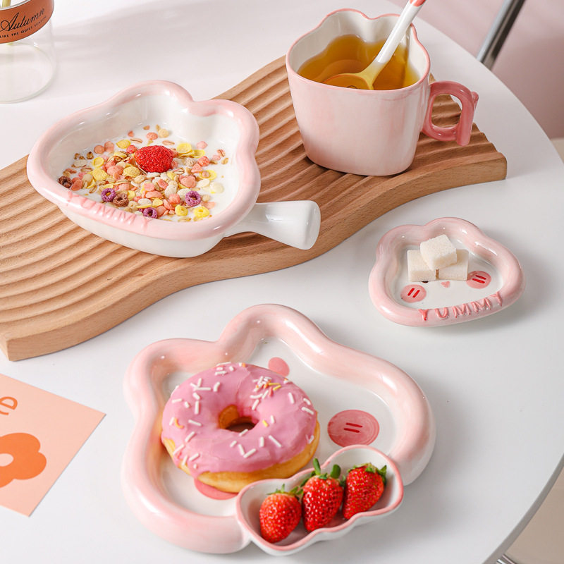 Ceramic Children's Tableware Set Cute Yami Rabbit Rice Bowl Handle Bowl Dumpling Plate Underglaze Color Bowl Plate Hand-painted