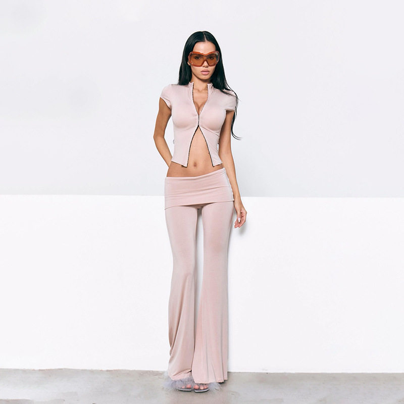 Womens Two Piece Set Cropped Button Up Top Low Waist Flared Pants Casual Fashion for Summer Wholesale Available