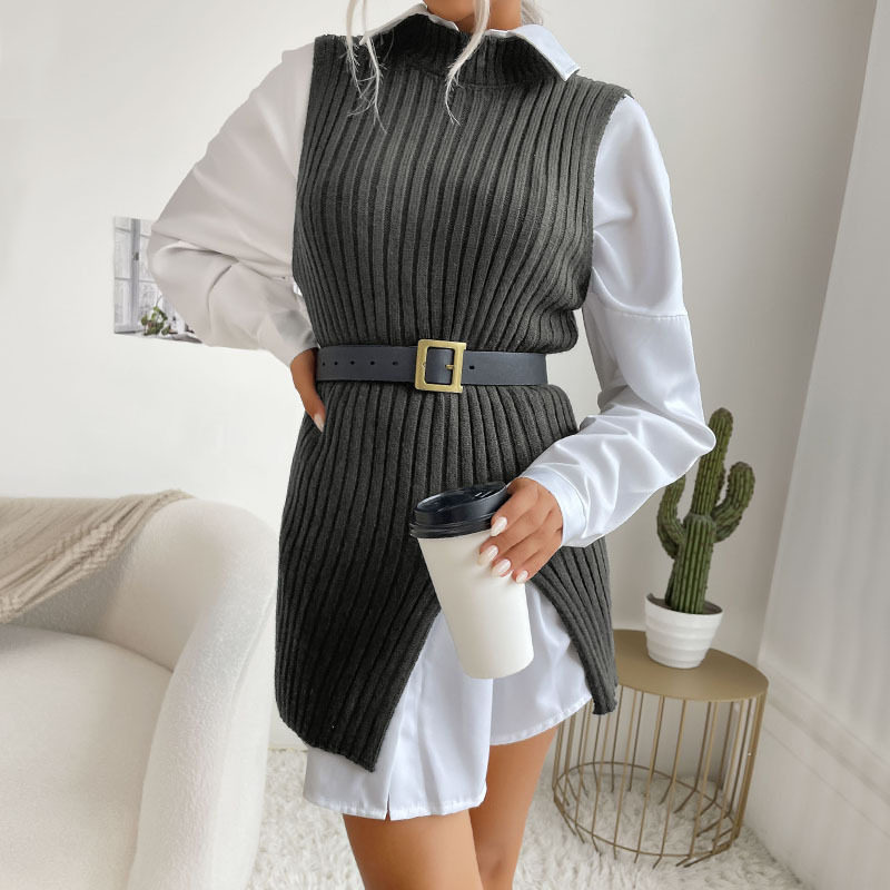 Sleeveless Long Knit Vest Solid Color Side Slit Autumn Fashion Womens Casual Wear Wholesale Available