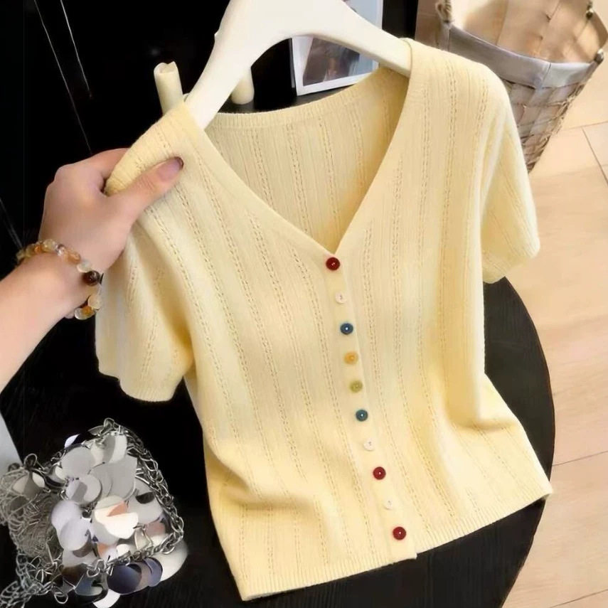 French temperament V-neck hollow thin knitted cardigan for w...