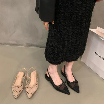 French Low Heeled Bow Toe Sandals Fairy Shoes 2024 New Summer Mesh Breathable Flat Shoes