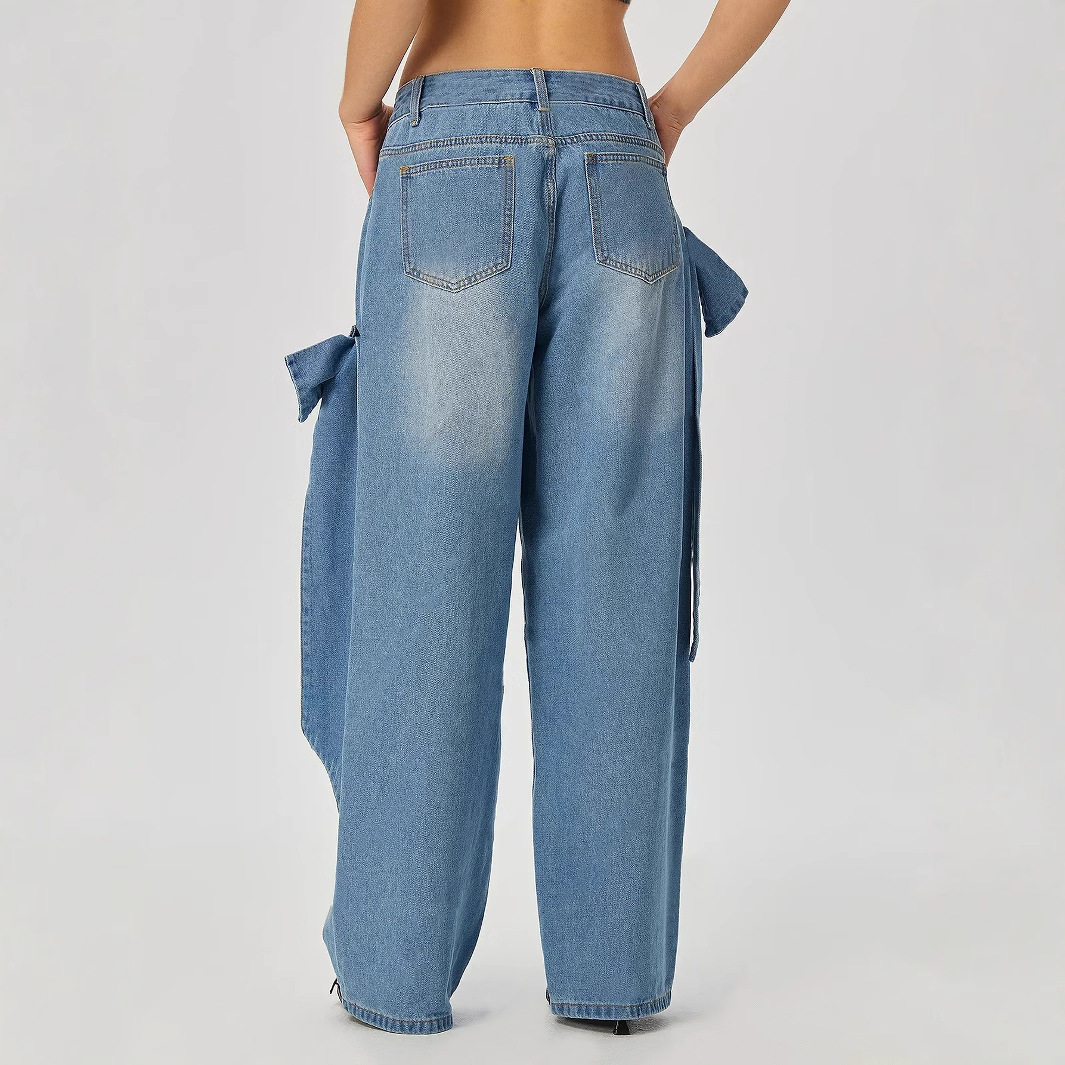 Wide Leg Denim Pants with Bow Detail Street Style Casual Wear Available for Wholesale custom packaging