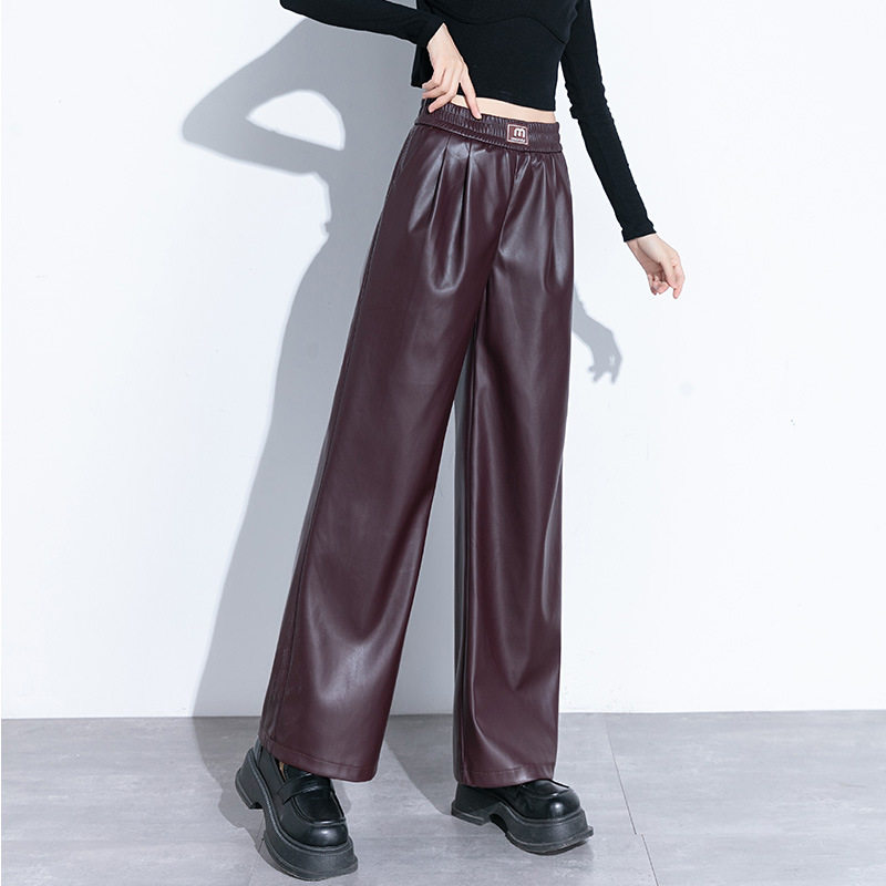 Кожаные брюки European station Haining leather, женские широкие брюки с высокой талией, свободные цельные бархатные брюки с прямыми штанинами из ангольской красной овчины Изображение 1