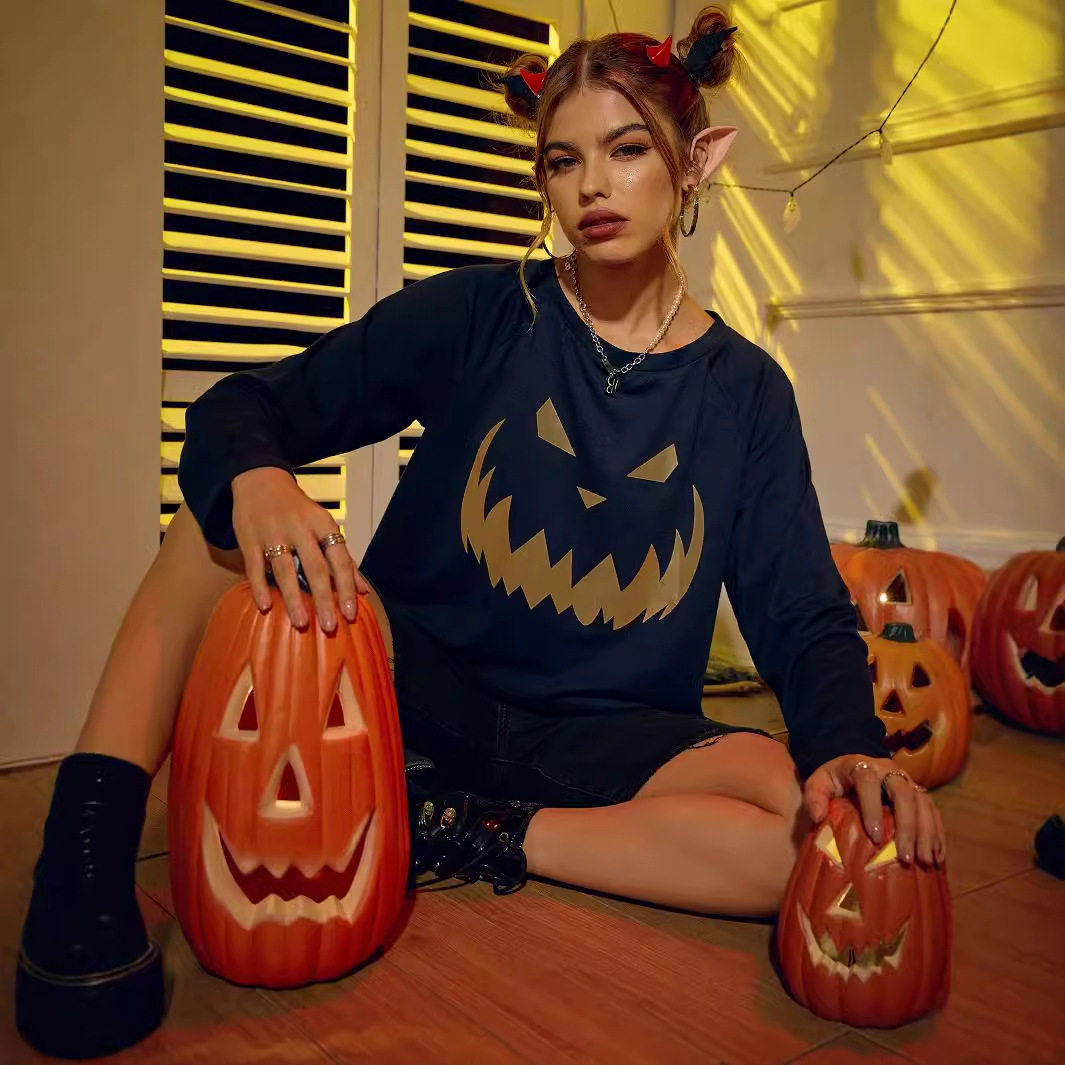 Halloween Printed Long Sleeve Sweatshirt Loose Fit Trendy Design Comfortable Fabric Womens Fashion for Fall