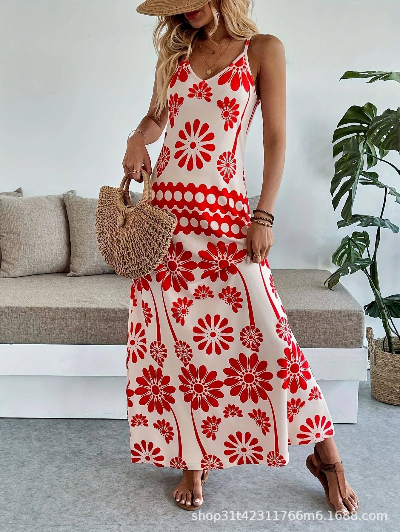 Bohemian Maxi Dress for Women Floral Print Adjustable Straps Lightweight Fabric Summer Casual Wear Wholesale