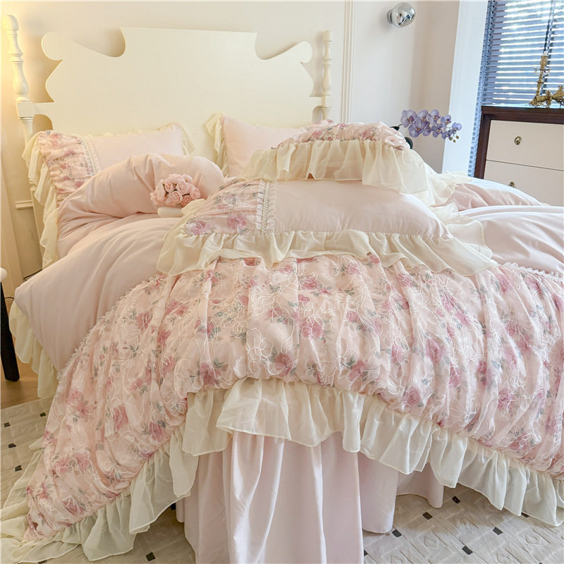 French Princess Style Washing Cotton Bed Four-piece Set Girl's Heart Lace Embroidered Quilt Cover Bed Sheet Three-piece Set