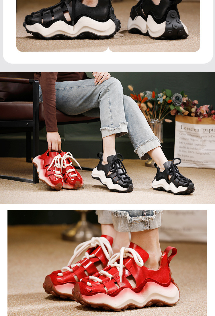 Sandal nữ đế dày mũi tròn thủng lỗ da bò thật — màu đen, màu đỏ