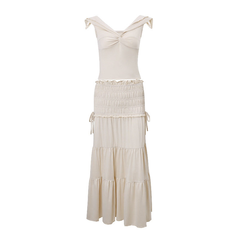 Womens French Style Cropped Tank Top and Ruched Midi Skirt Set Sexy Low Cut Flattering Fit Autumn Fashion Wholesale