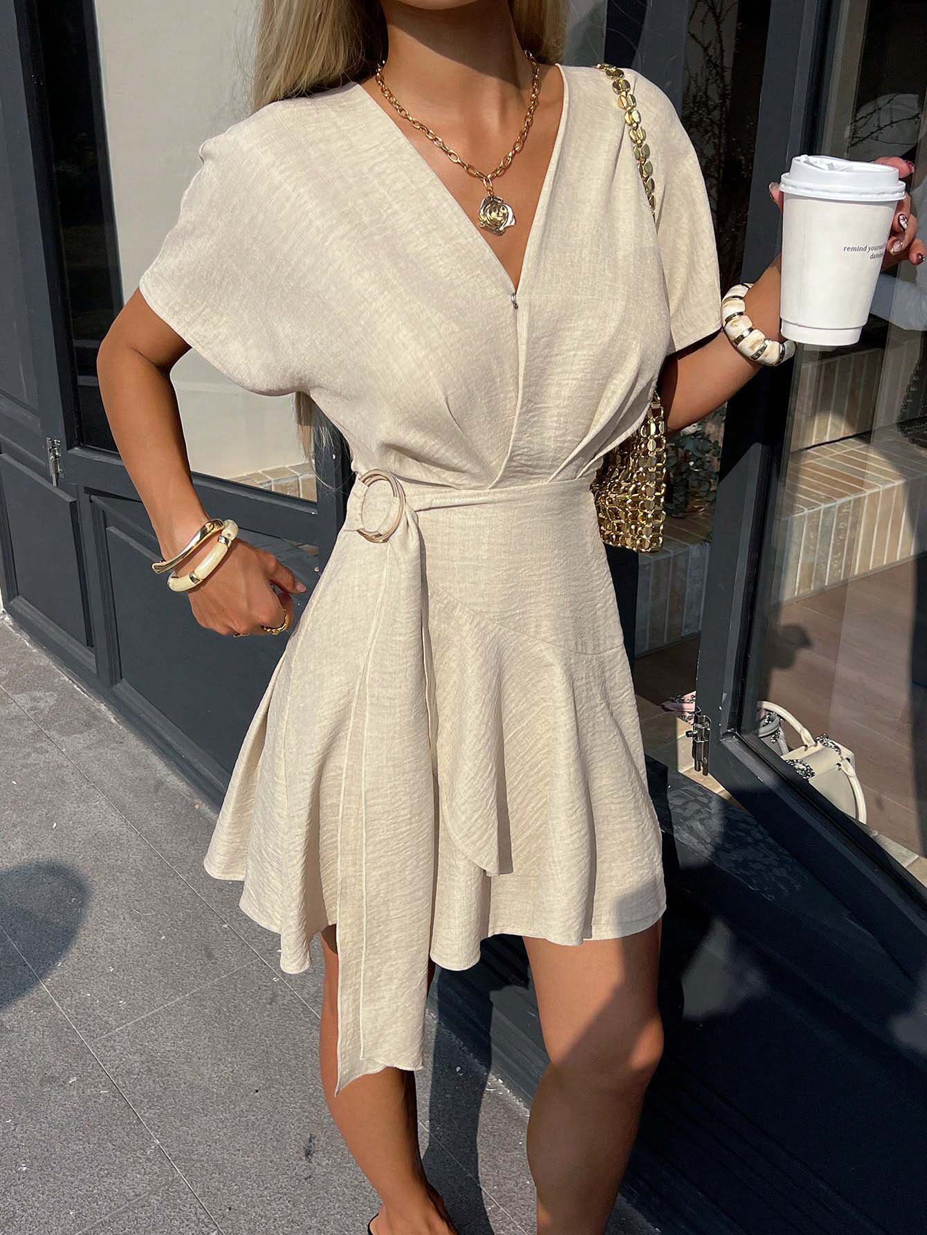 V Neck A Line Dress Soft European and American Style Waist Defining Asymmetrical Hem Unique Design Perfect for