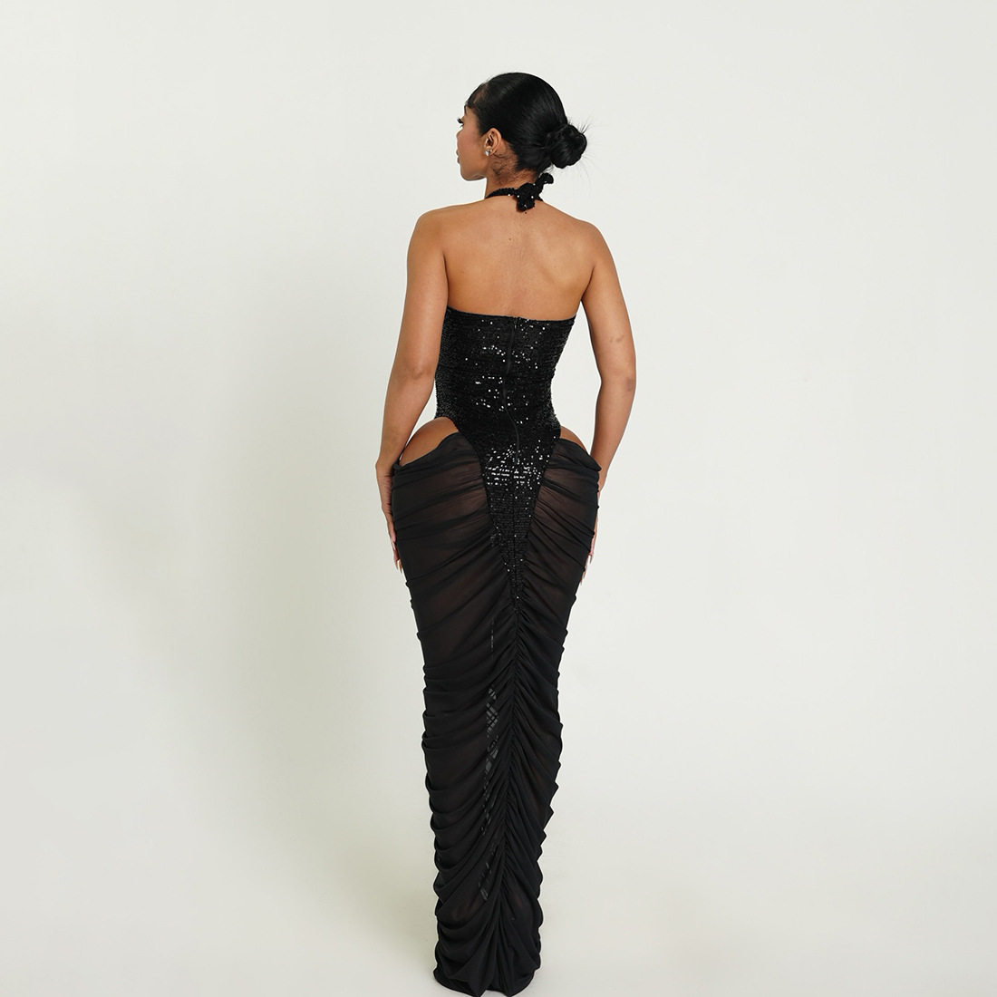 Fashionable Sequin Panelled Bodycon Dress Sheer Mesh Ruffled Design Elegant Style Perfect for Autumn and Winter