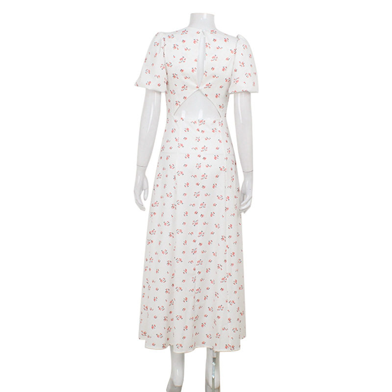 Floral Print Maxi Dress French Style Round Neck Puff Sleeves Backless High Slit Summer Casual Wear Wholesale