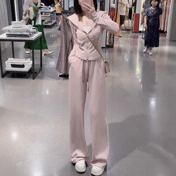Casual Style Pure Color Sports Hooded Sweatshirt Suit Autumn and Winter New Elegant Slimming Look Top High Waist Pants Two-Piece Set