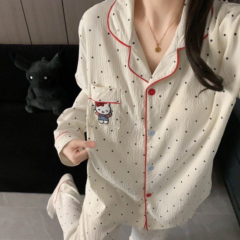 带胸垫大码睡衣女春秋季长袖甜美少女草莓条纹家居服套装现货跨境